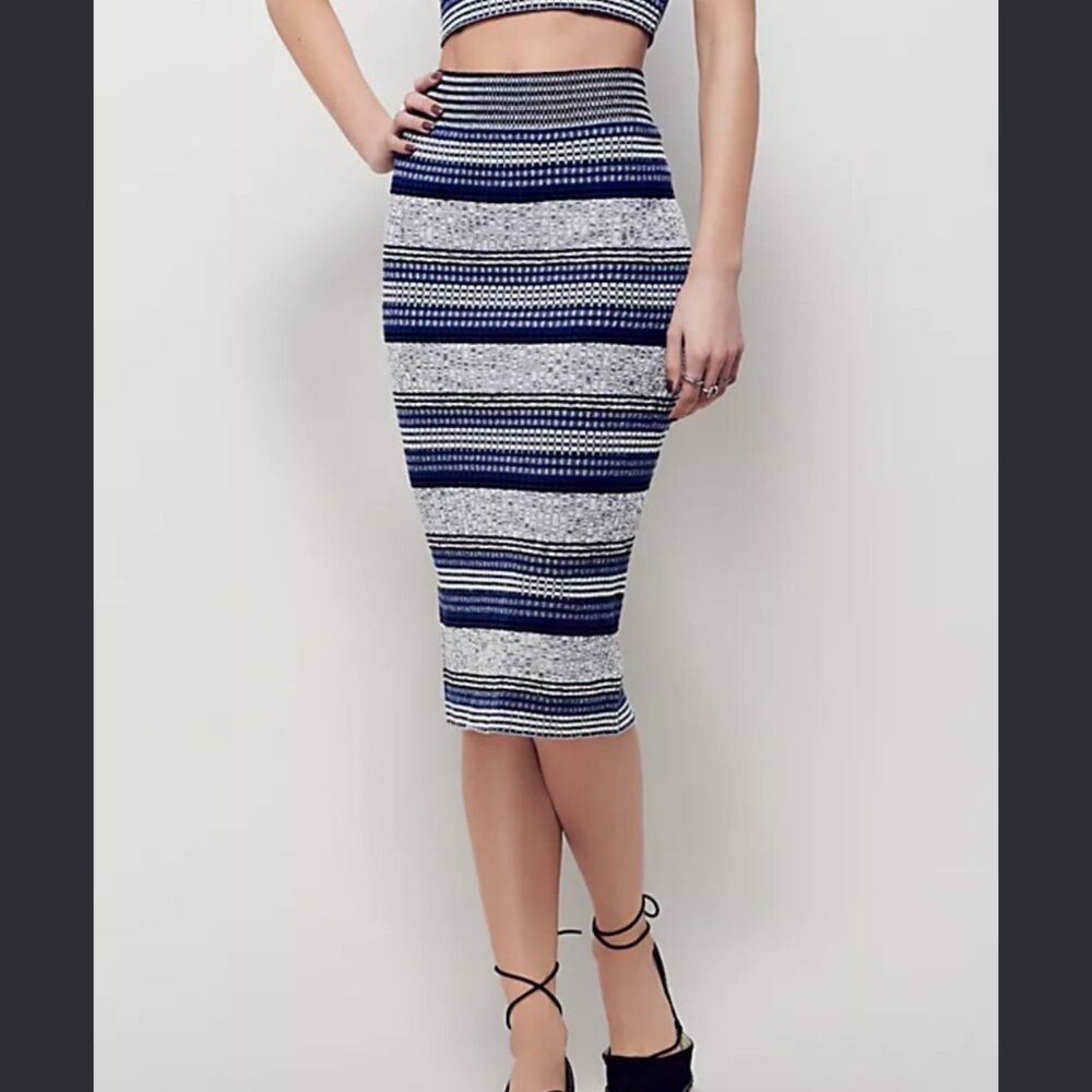 Free People Letters to my Lover Ribbed Striped Knit Maxi Skirt Navy Blue Gray S